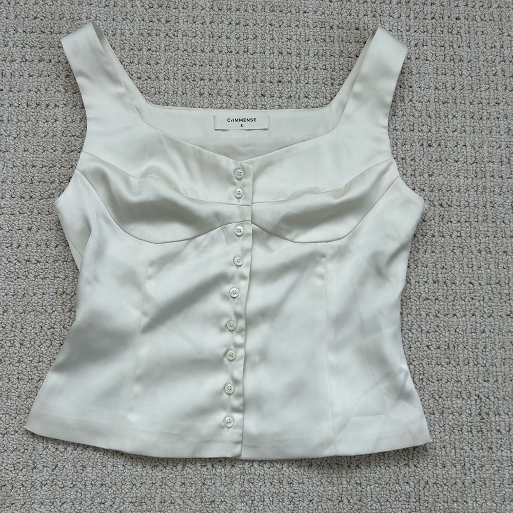 Commense White Satin Button-Front Women's Blouse